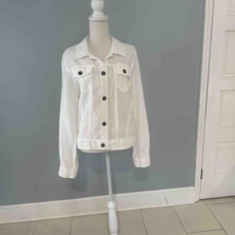 White Linen Trucker-Style Jacket